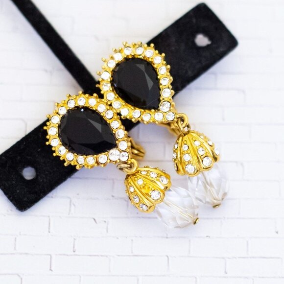 Vintage Black Teardrop Clear Gemstone Gold Tone Clip On Earrings by Monet - V26 - Picture 1 of 3